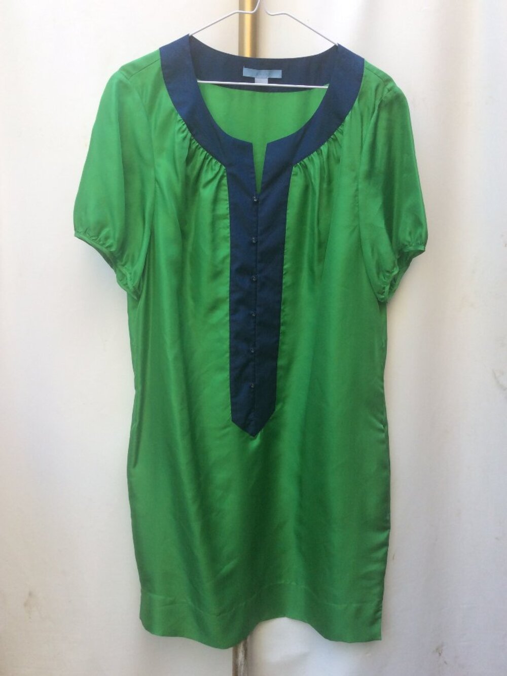 100% Silk BAIA Green with Navy Trim Tunic Dress Size 14